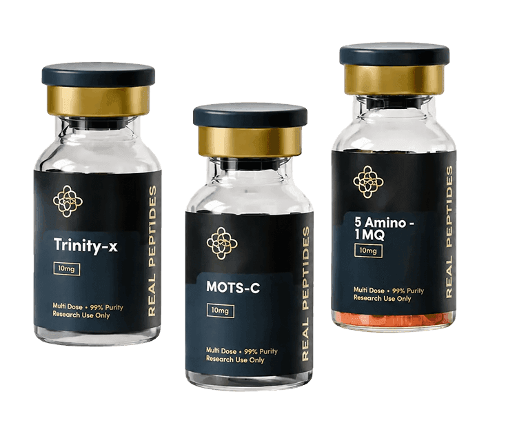 Real Peptides vials: Trinity-X, MOTS-C and 5 Amino-1MQ
