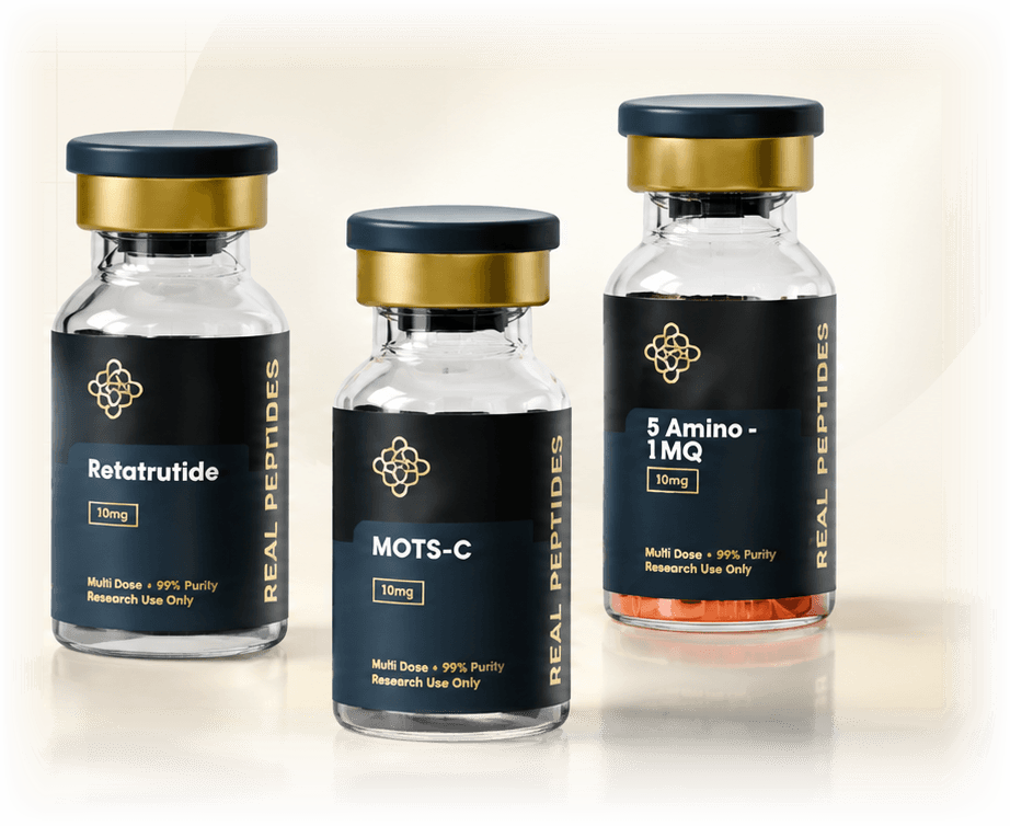 Real Peptides vials: Retatrutide, MOTS-C and 5 Amino-1MQ