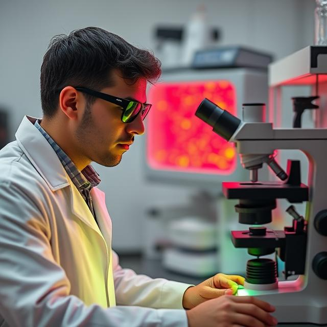 Researcher studying Selank effects on brain cell cultures under microscope