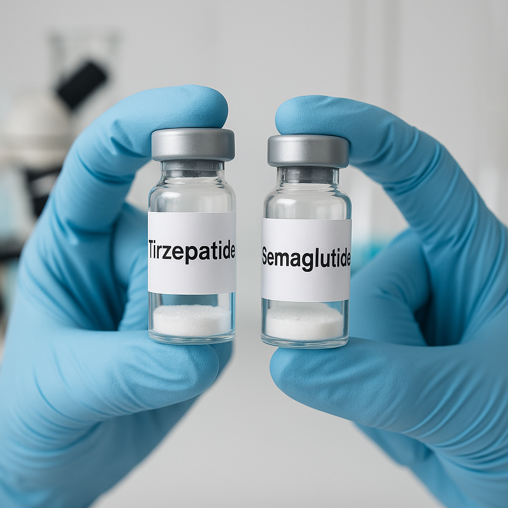 Hands holding two peptide vials with Tirzepatide and Semaglutide labels in sterile lab