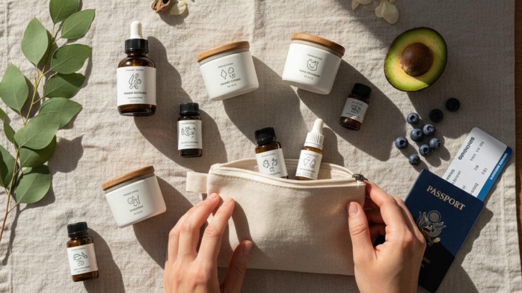 Blog Post: peptide travel kit pack flying - Professional illustration