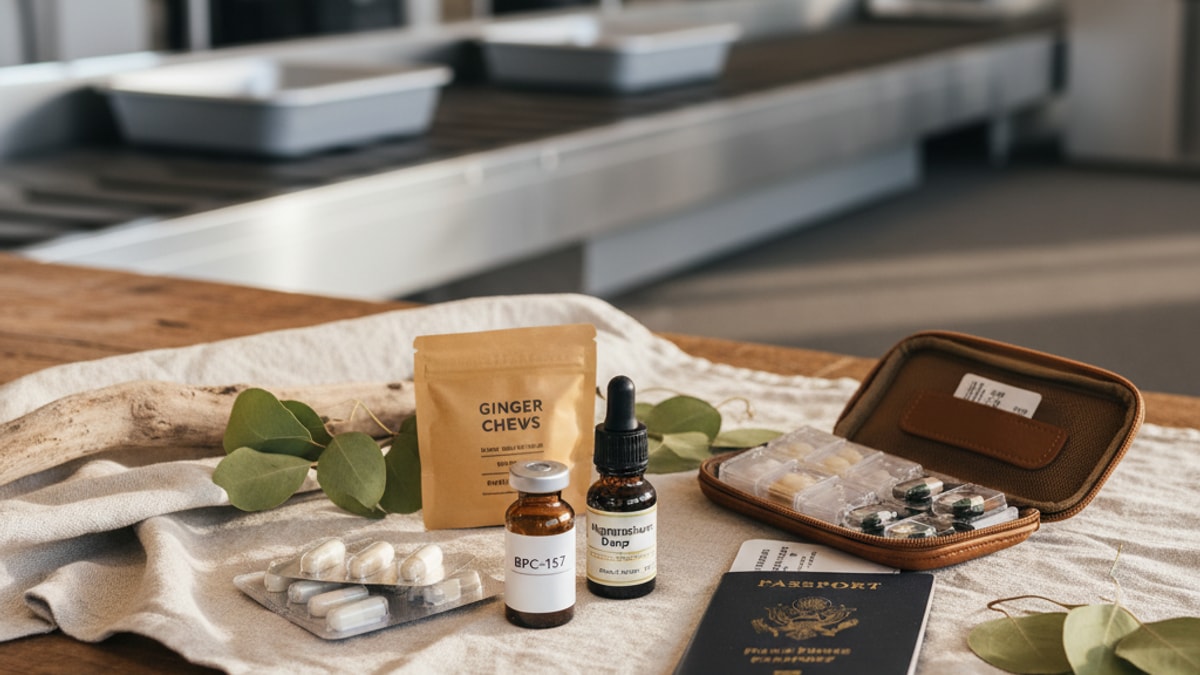 Blog Post: travel with BPC-157 airplane TSA - Professional illustration