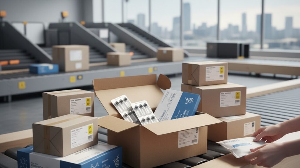 Blog Post: international peptide shipping customs laws delivery - Professional illustration