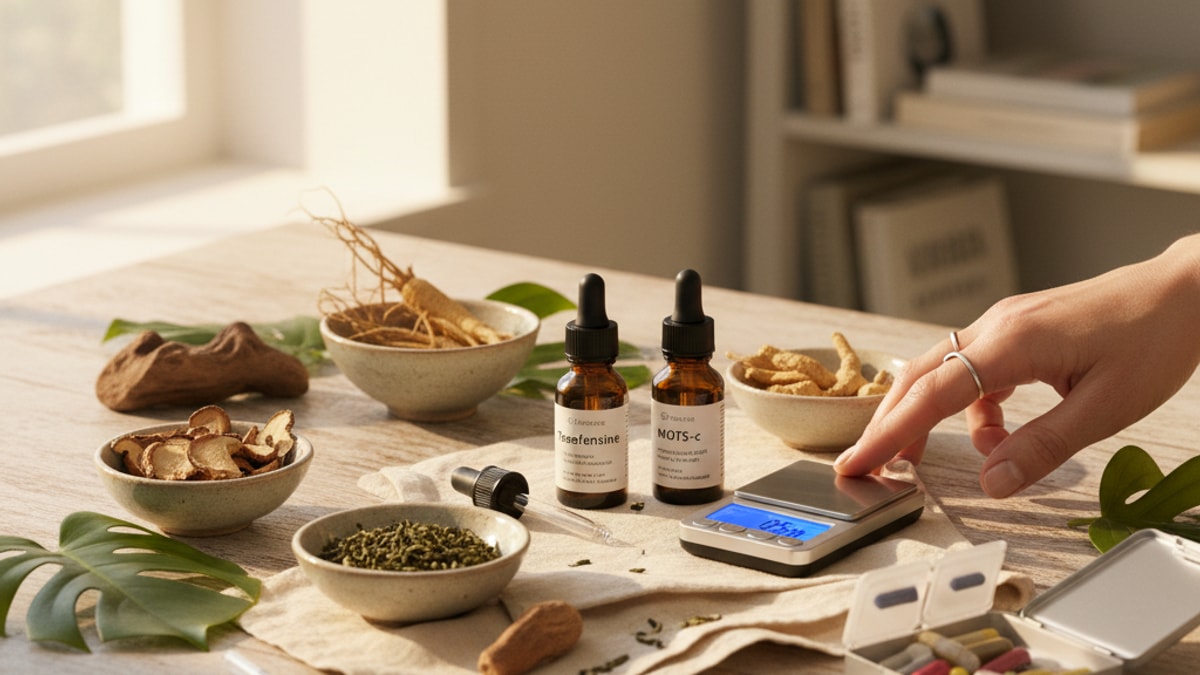 Blog Post: combine Tesofensine MOTS-c synergy dosing timing - Professional illustration