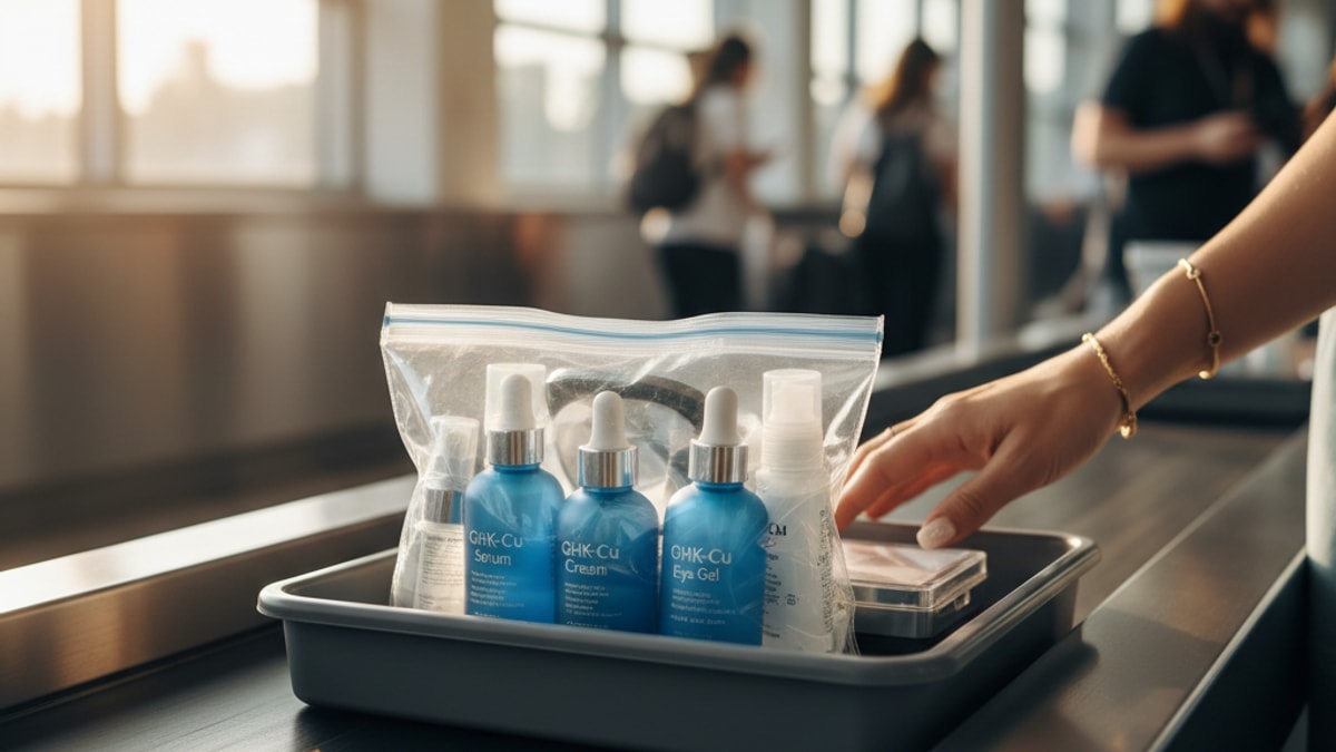 Blog Post: travel with GHK-Cu Cosmetic airplane TSA - Professional illustration