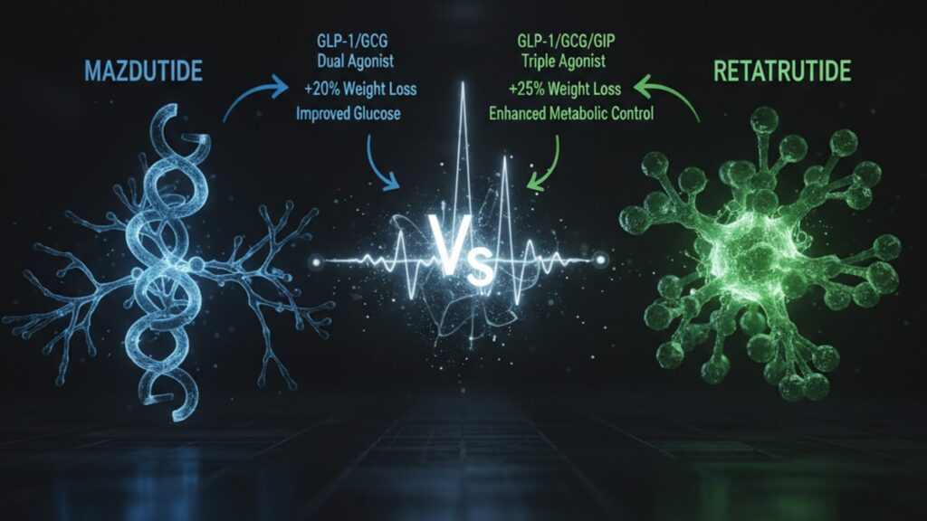 Blog Post: difference between Mazdutide and Retatrutide - Professional illustration