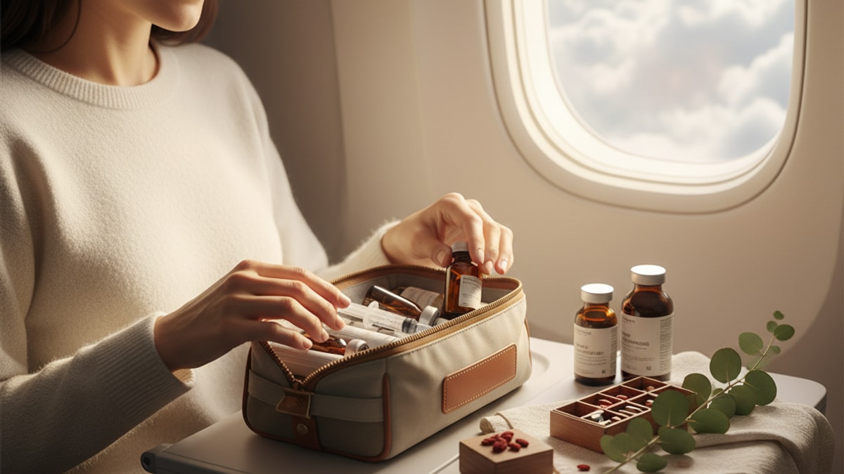 Blog Post: travel with Tesamorelin airplane TSA - Professional illustration