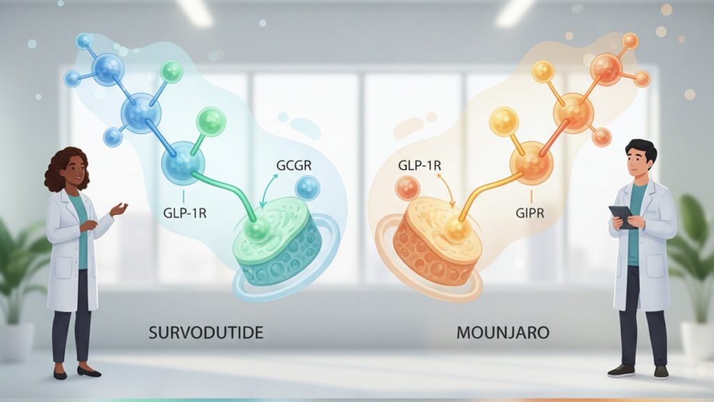 survodutide vs mounjaro mechanism - Professional illustration