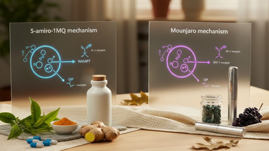 5-amino-1mq vs mounjaro mechanism - Professional illustration