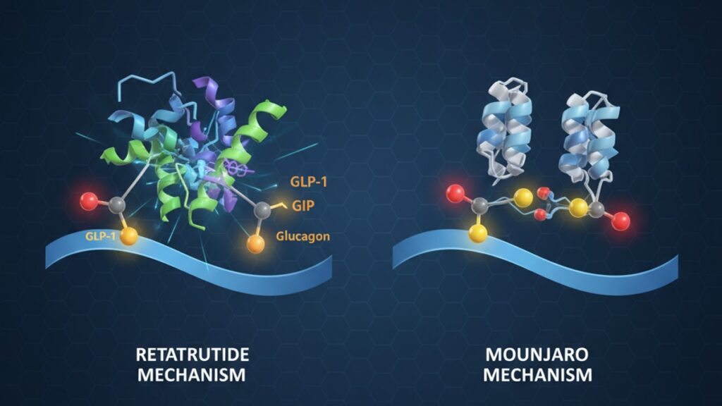 retatrutide vs mounjaro mechanism - Professional illustration