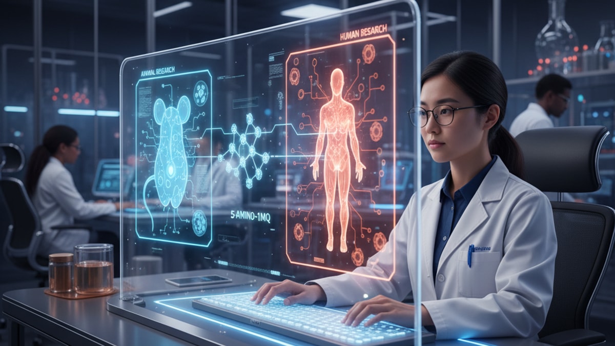 5-amino-1mq animal vs human research - Professional illustration
