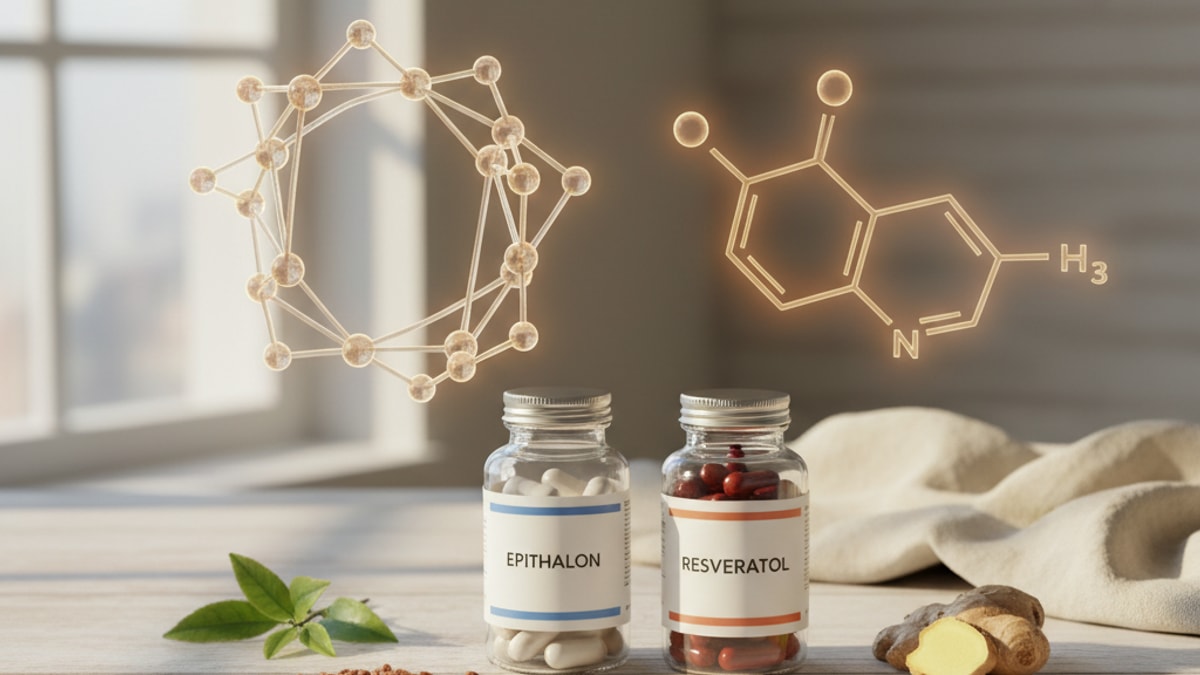 epithalon vs resveratrol mechanism - Professional illustration