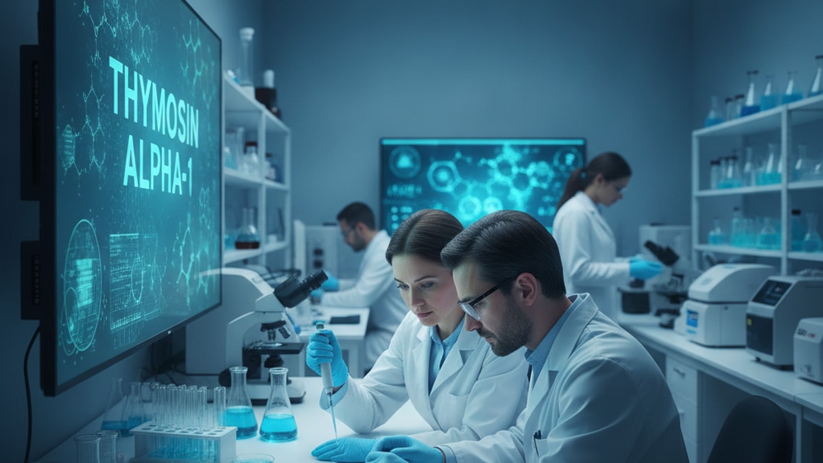 long covid researchers researching thymosin alpha-1 - Professional illustration